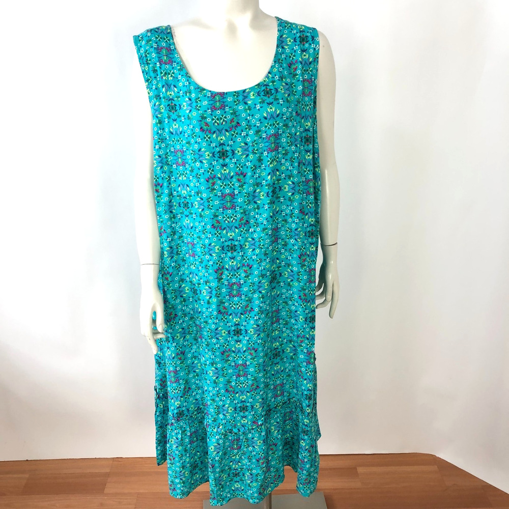 CJ Banks Plus 3X Midi Below Knee Dress Rayon All Over Print Green Blue